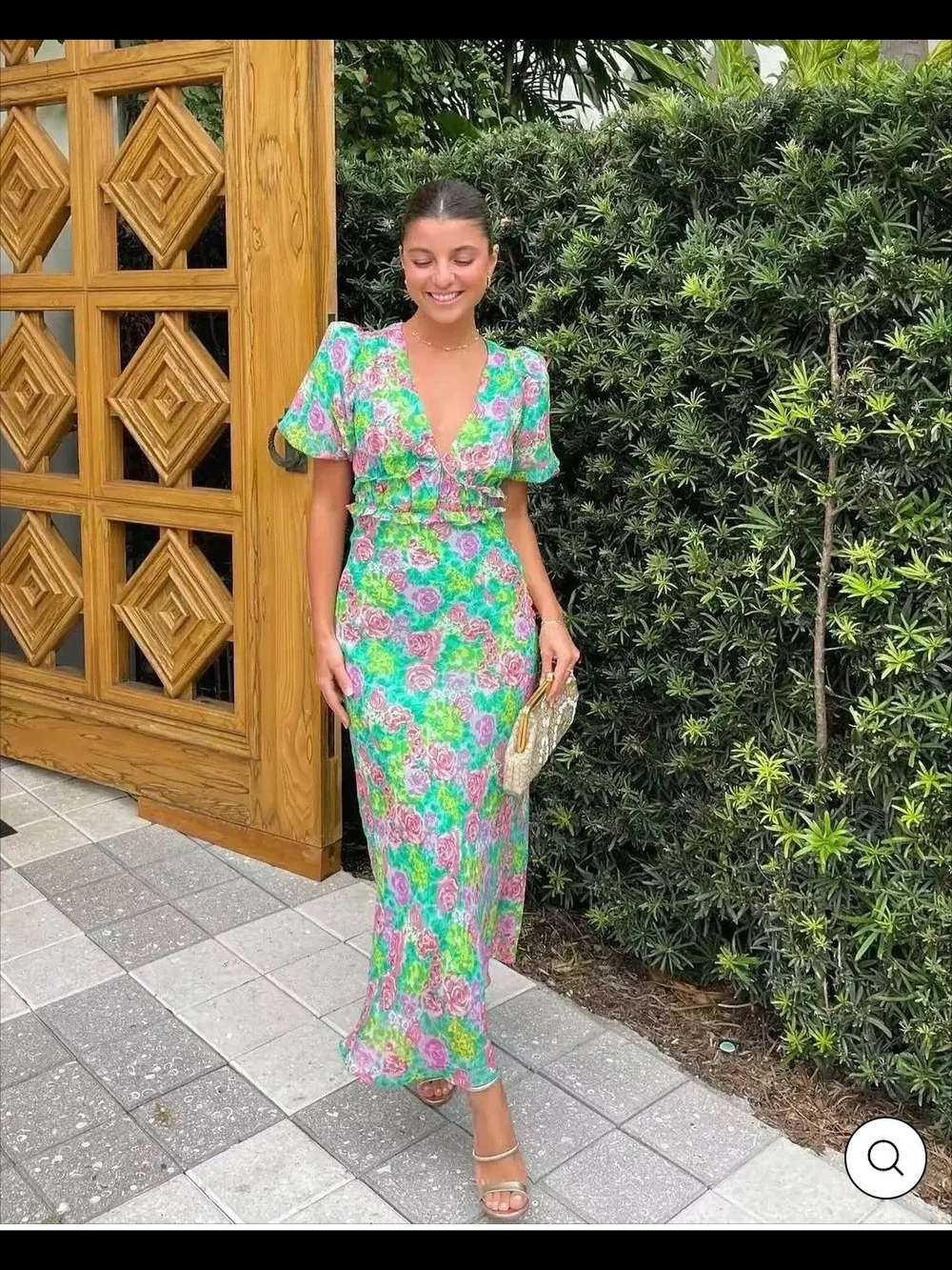 Floral V-Neck Maxi Dress Open Back Pink Green Midi Dress